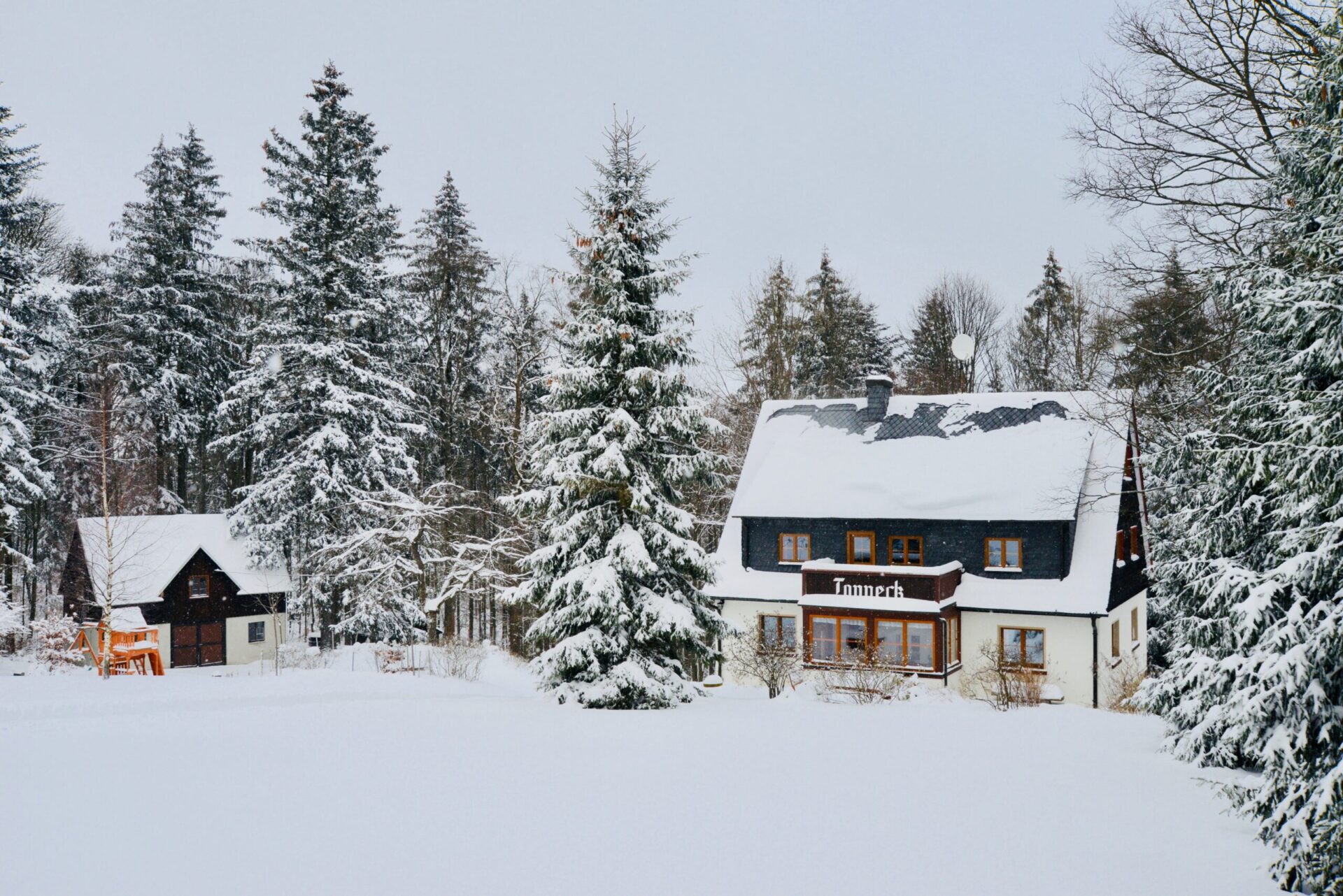 Ferienhaus Tanneck im Winter, verschneit zwischen Tannen
