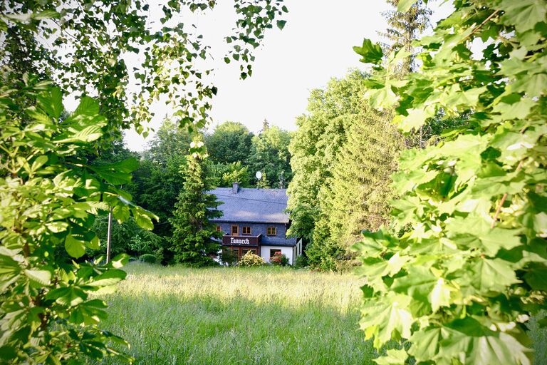 Blick vom Garten auf das Ferienhaus Tanneck in der Ferne, umgeben von Bäumen und grüner Landschaft.