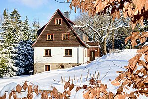 Ferienhaus Tanneck im Schnee, im Vordergrund Herbstlaub