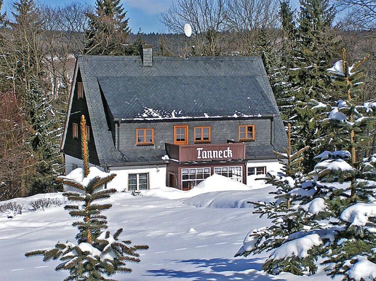 Ferienhaus Tanneck im Winter mit verschneitem Vorplatz